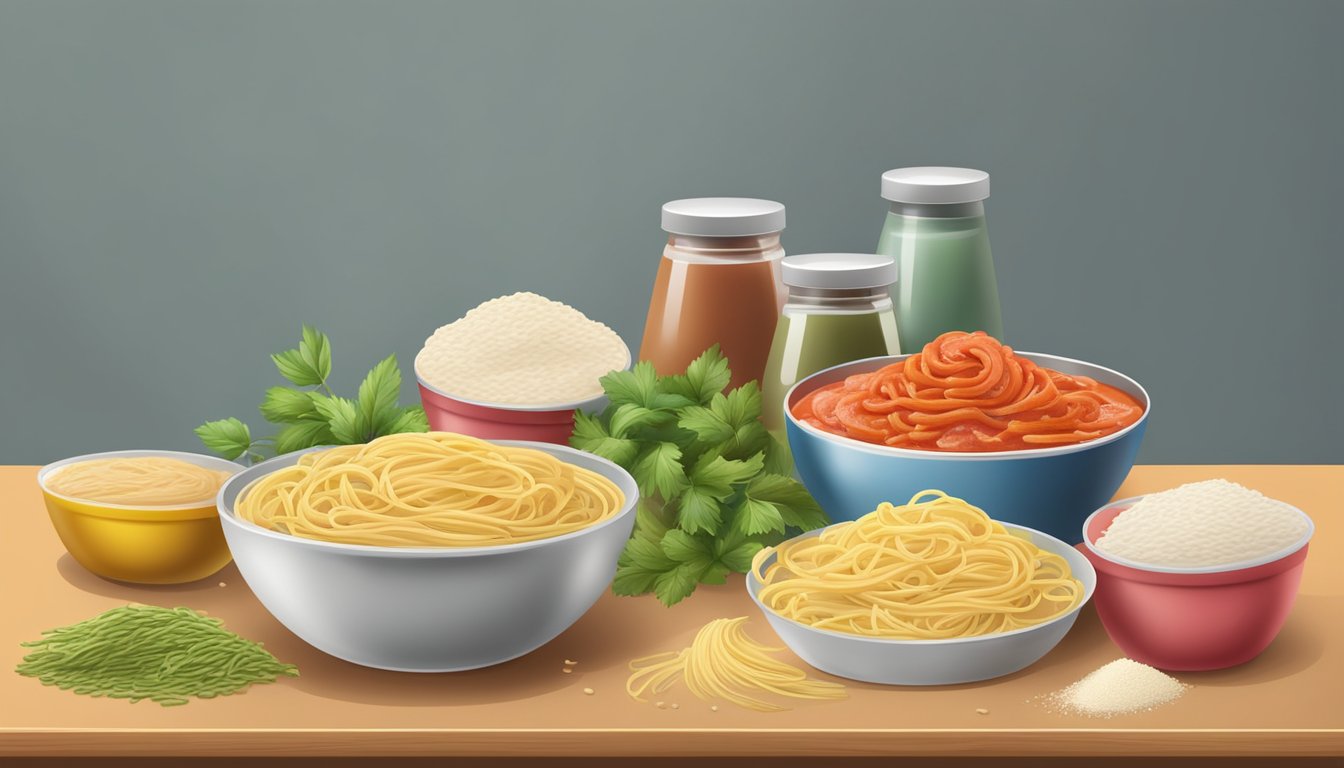 A table with two bowls, one filled with canned pasta sauce and the other with powdered sauce mix, surrounded by various fresh and dried ingredients