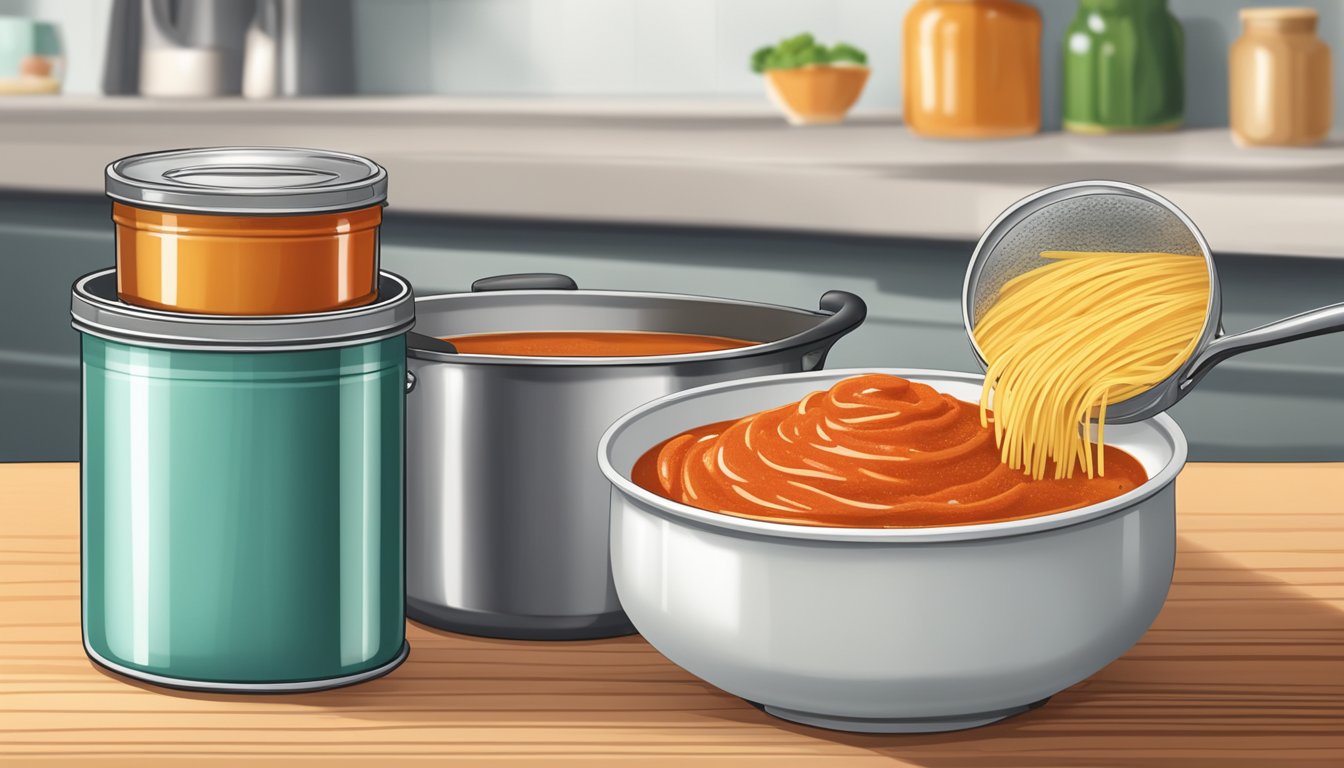 A pot of simmering canned pasta sauce next to a bowl of powdered sauce mix on a kitchen counter