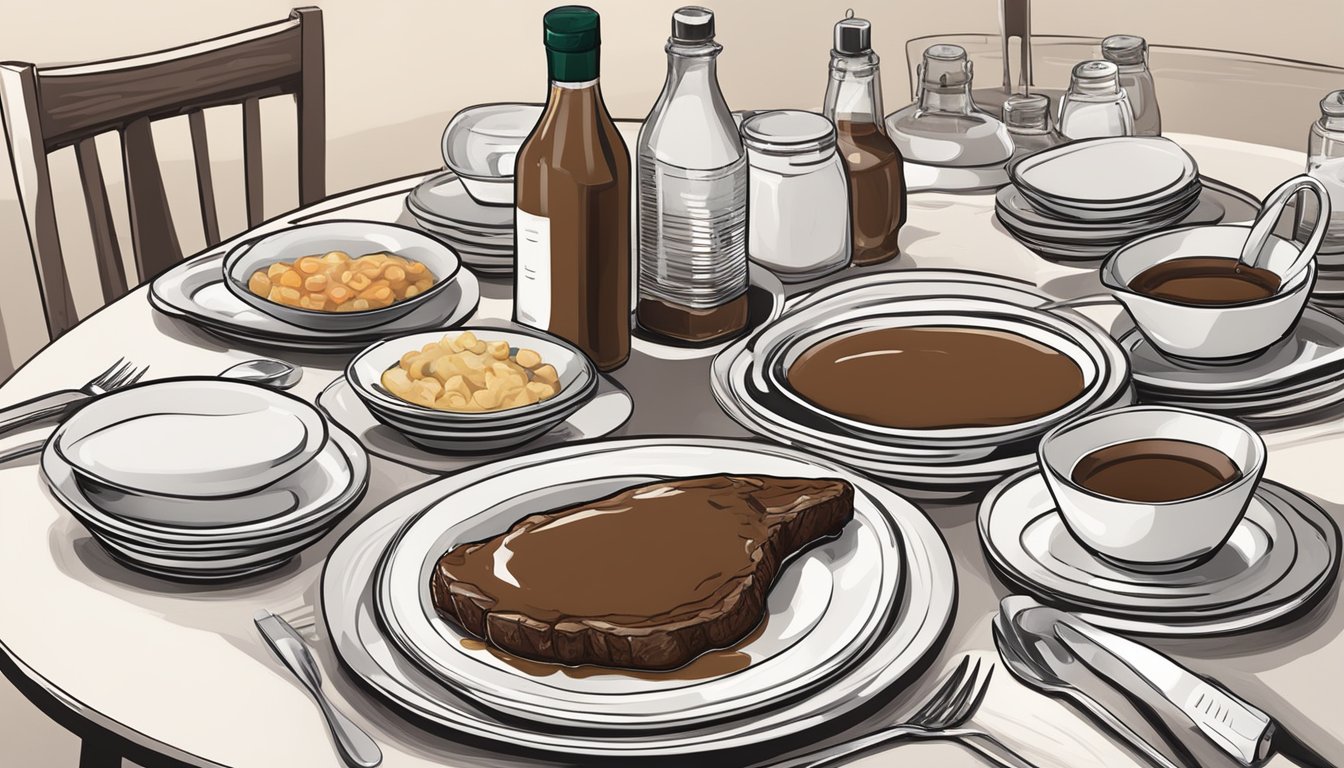 A dining table set with a bottle of steak sauce and a package of gravy mix, surrounded by empty plates and utensils