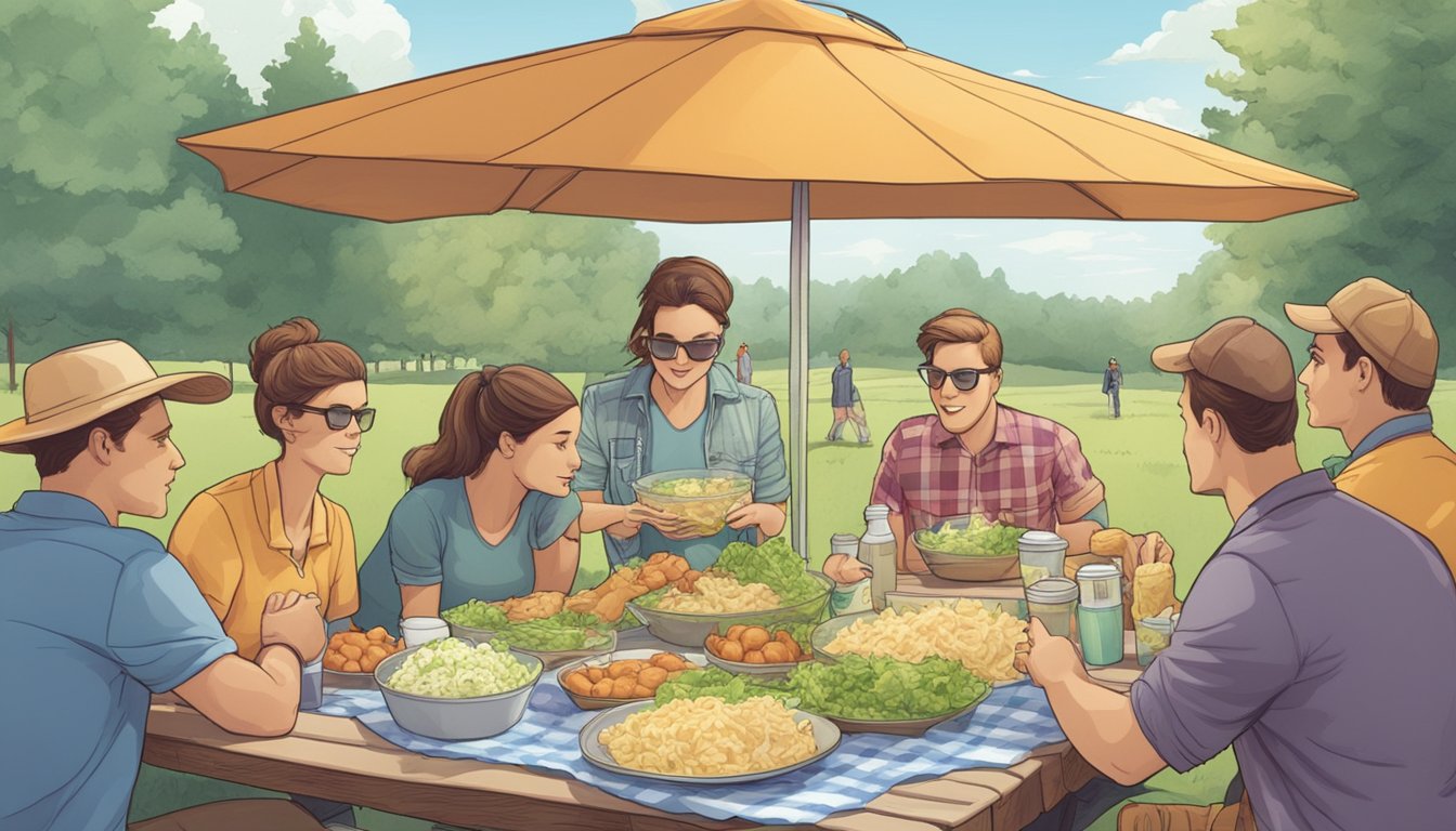 A picnic table with two containers of coleslaw and potato salad, surrounded by curious onlookers