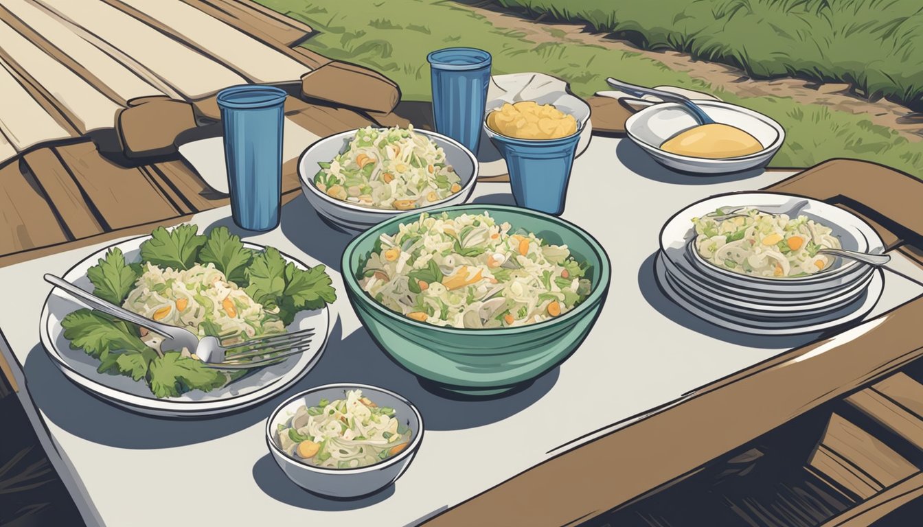 A picnic table with two bowls of coleslaw and potato salad, surrounded by empty plates and utensils. A debate between the two dishes is implied