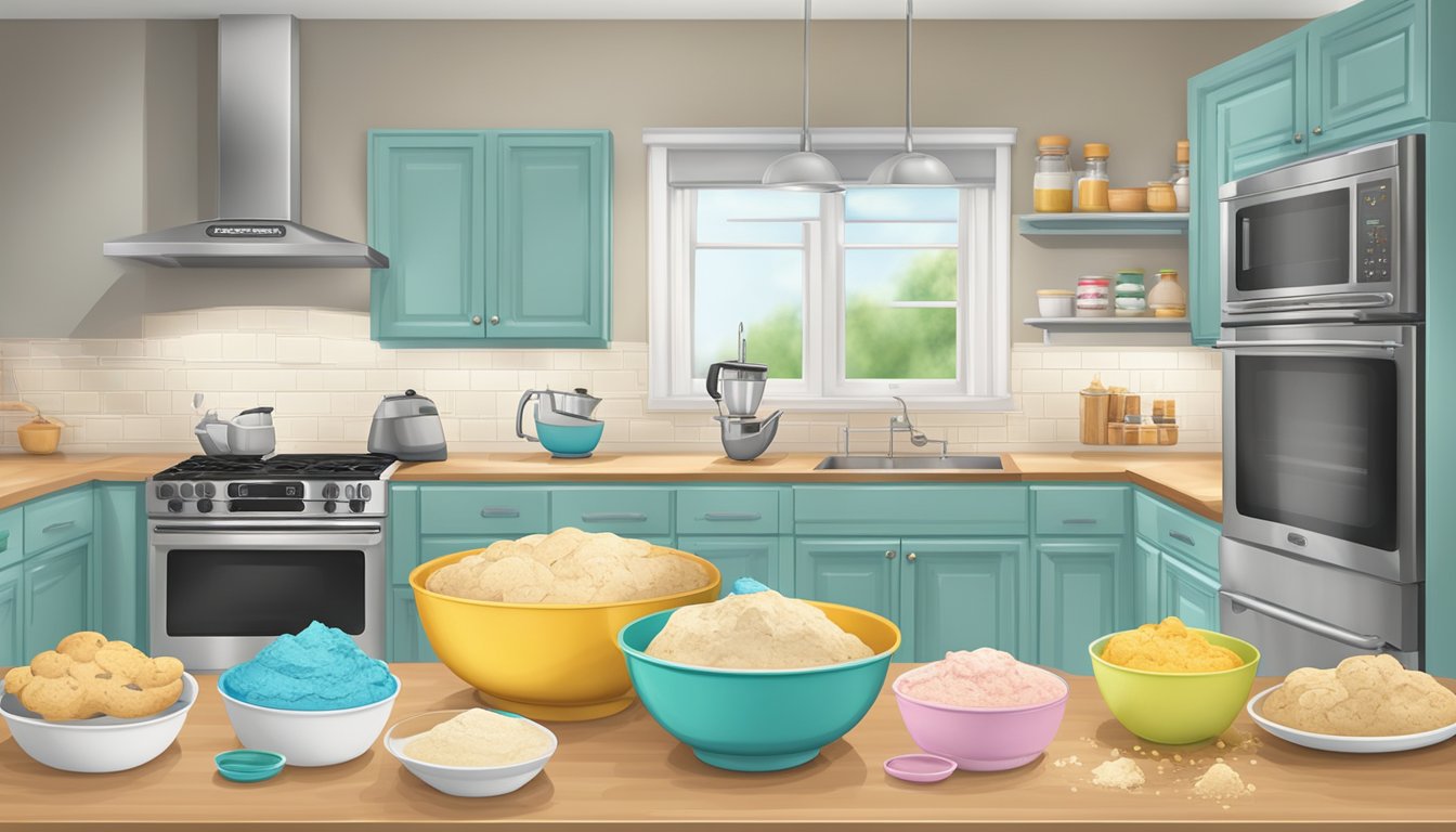 A kitchen counter with open packages of cookie dough and cake mix, surrounded by mixing bowls, measuring cups, and a preheated oven