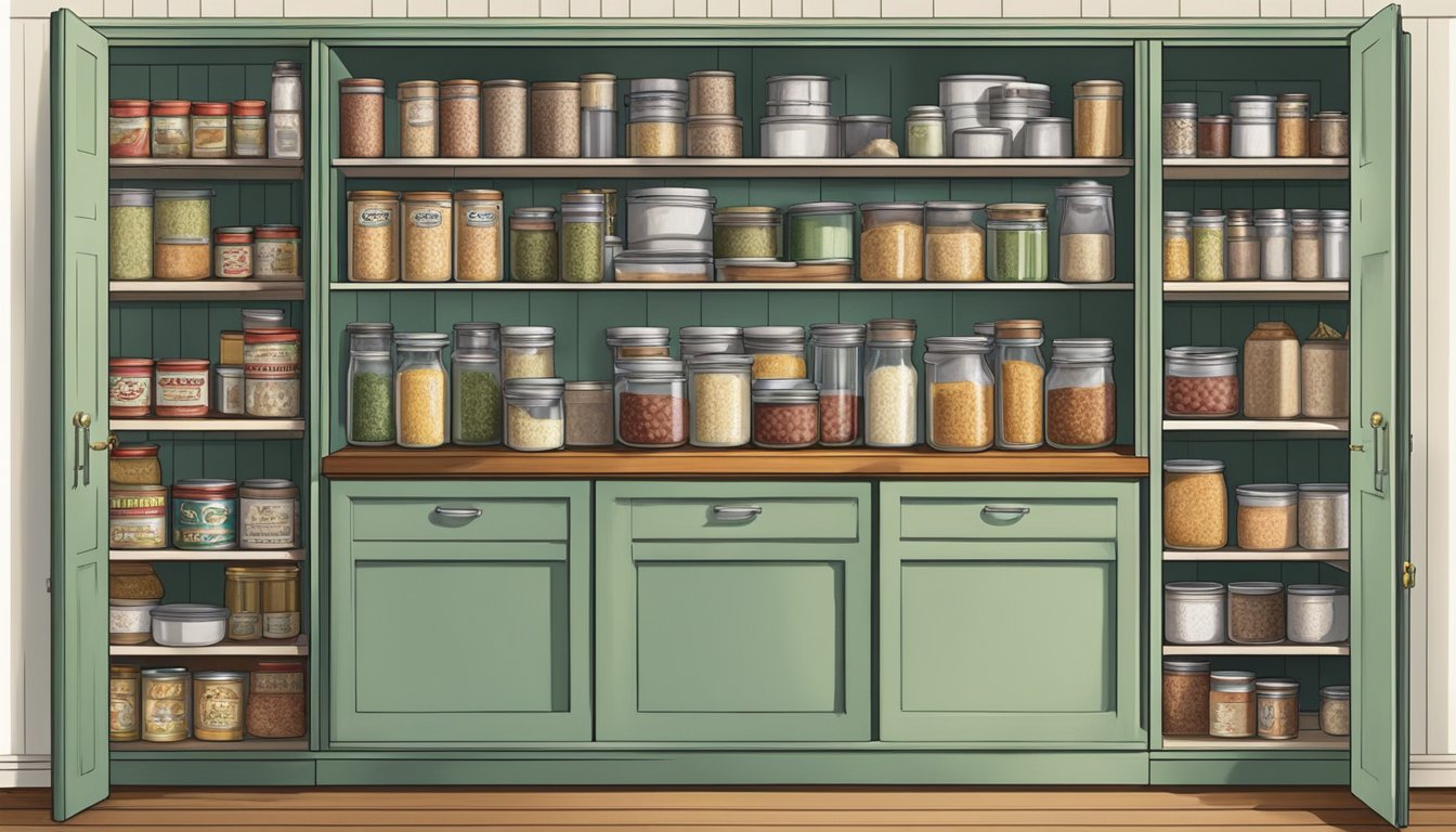 A vintage kitchen pantry with shelves stocked with canned goods from the early 20th century, including cans of corned beef hash and deviled ham spread