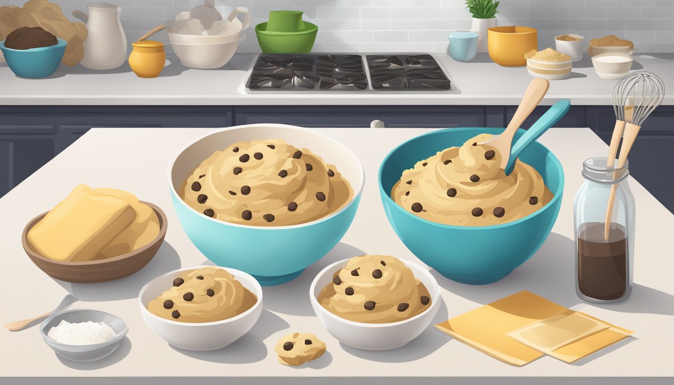 A bowl of cookie dough and a bowl of cake mix sit side by side on a kitchen counter, surrounded by scattered ingredients and utensils