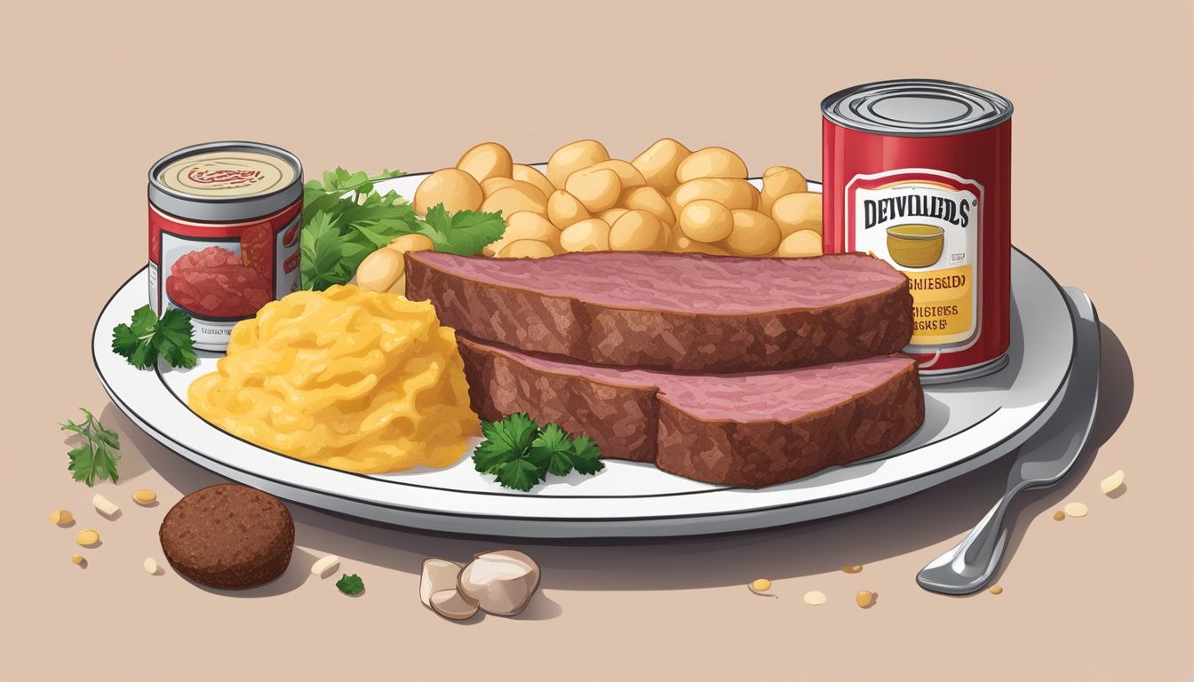 A table set with a can of corned beef hash next to a can of deviled ham spread, surrounded by scattered ingredients like potatoes and mustard