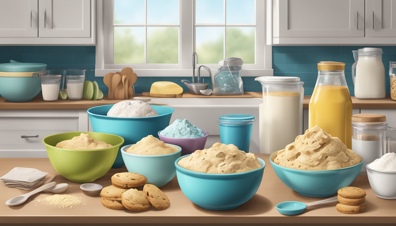 A kitchen counter with open packages of cookie dough and cake mix, surrounded by mixing bowls, measuring cups, and various ingredients