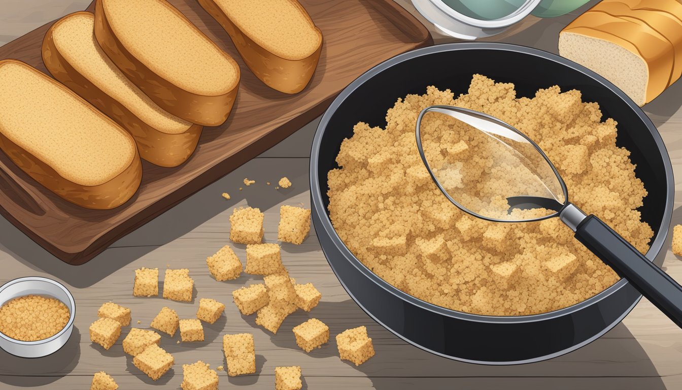 A table with two bowls of bread crumbs and croutons, with a magnifying glass examining their texture and quality