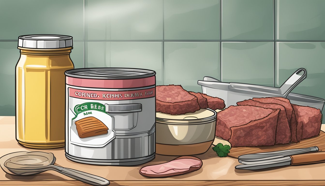 A can of corned beef hash and a can of deviled ham on a kitchen counter, with a few cooking utensils scattered around