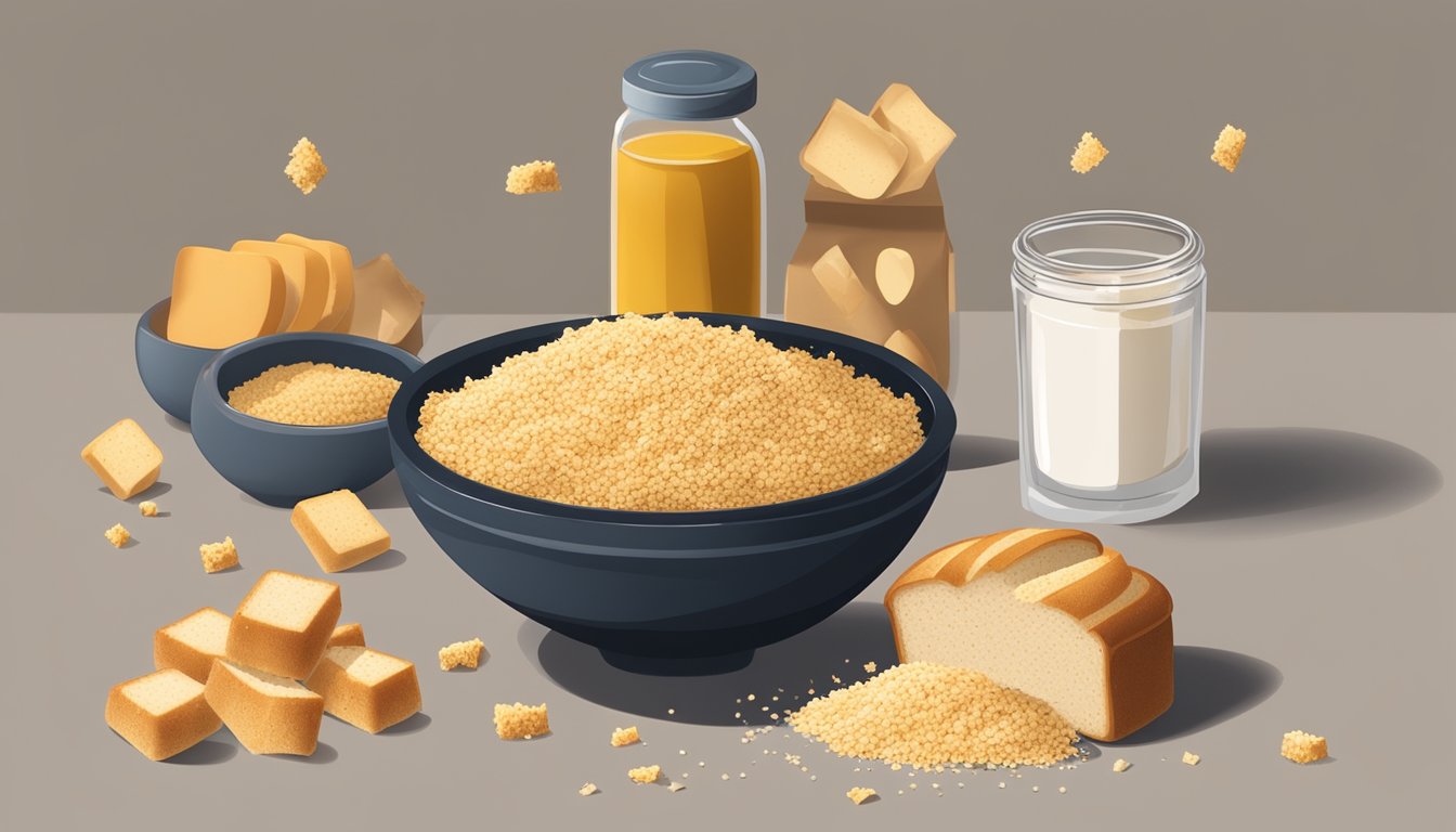 A kitchen counter with a bowl of packaged bread crumbs next to a bowl of croutons, with a few loose crumbs scattered about