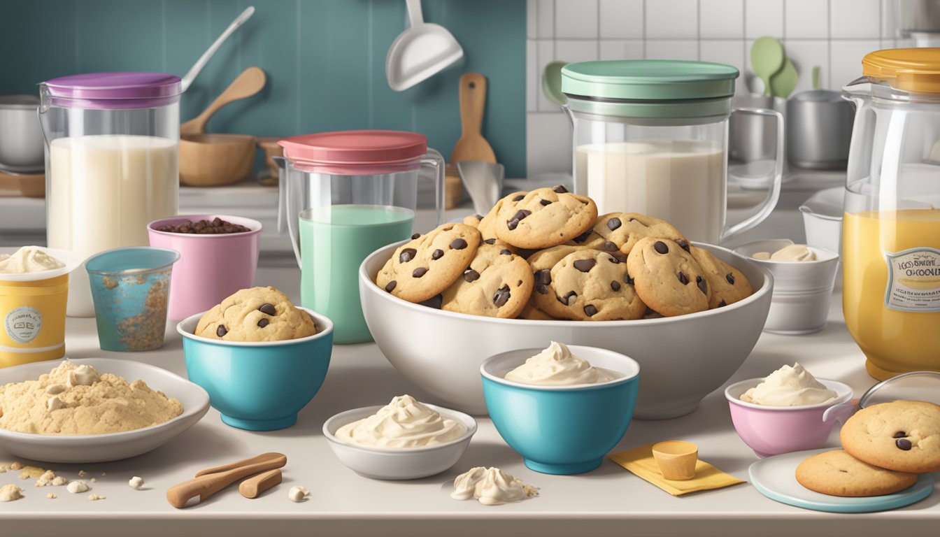 A kitchen counter with open packages of cookie dough and cake mix, surrounded by measuring cups, mixing bowls, and a recipe book