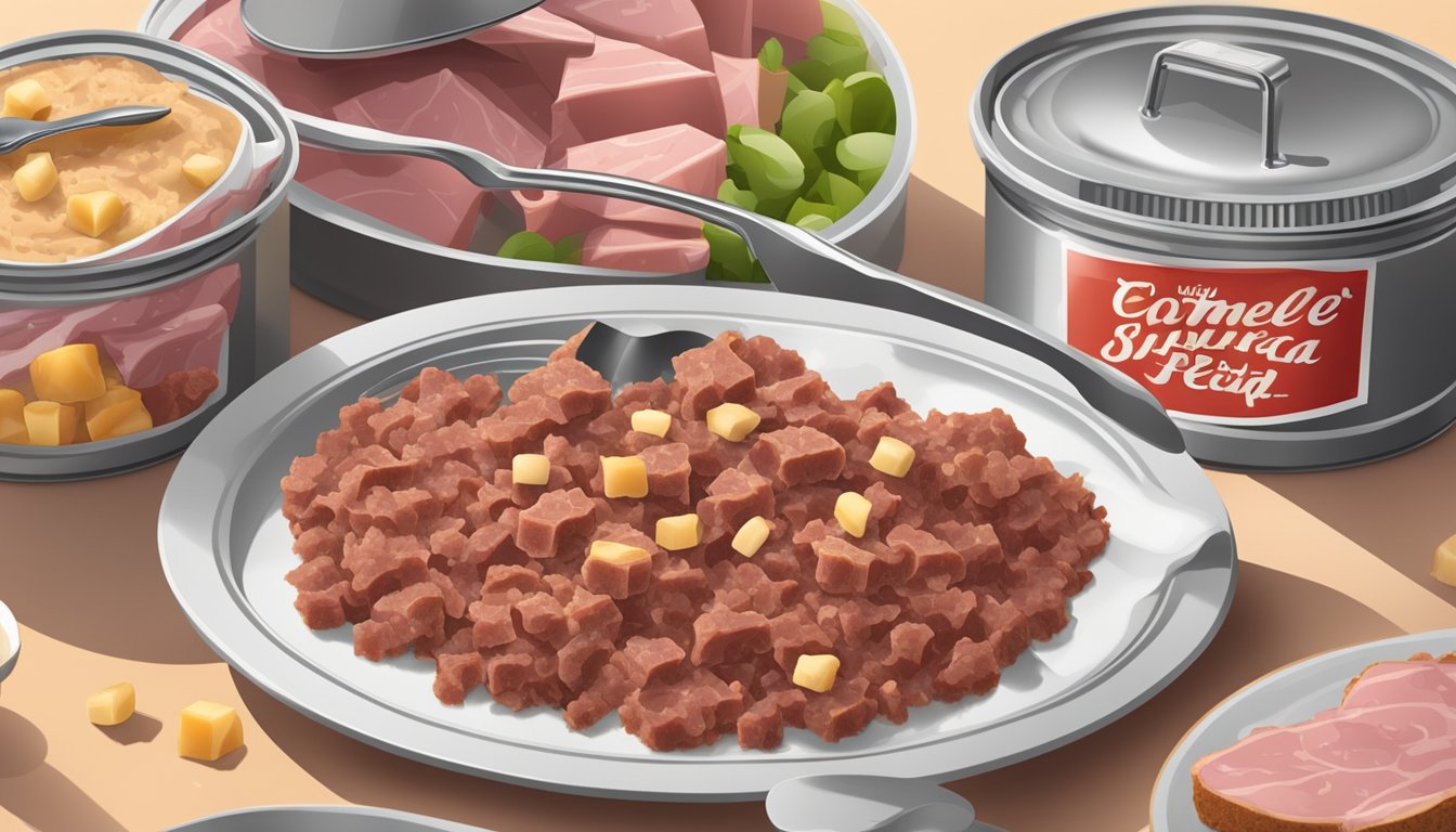 A kitchen counter with open cans of corned beef hash and deviled ham spread, with a spoon scooping out of each, surrounded by discarded packaging