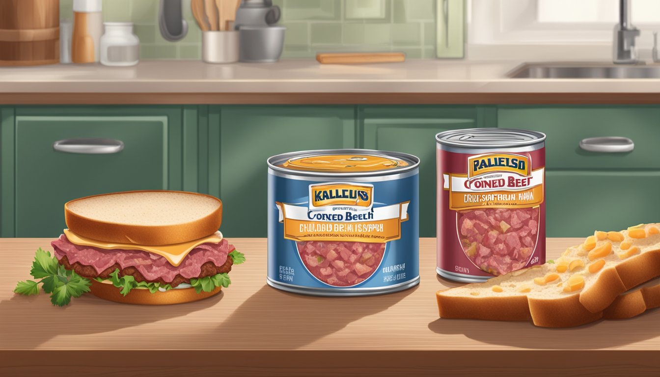 A can of corned beef hash and a can of deviled ham spread on a kitchen counter