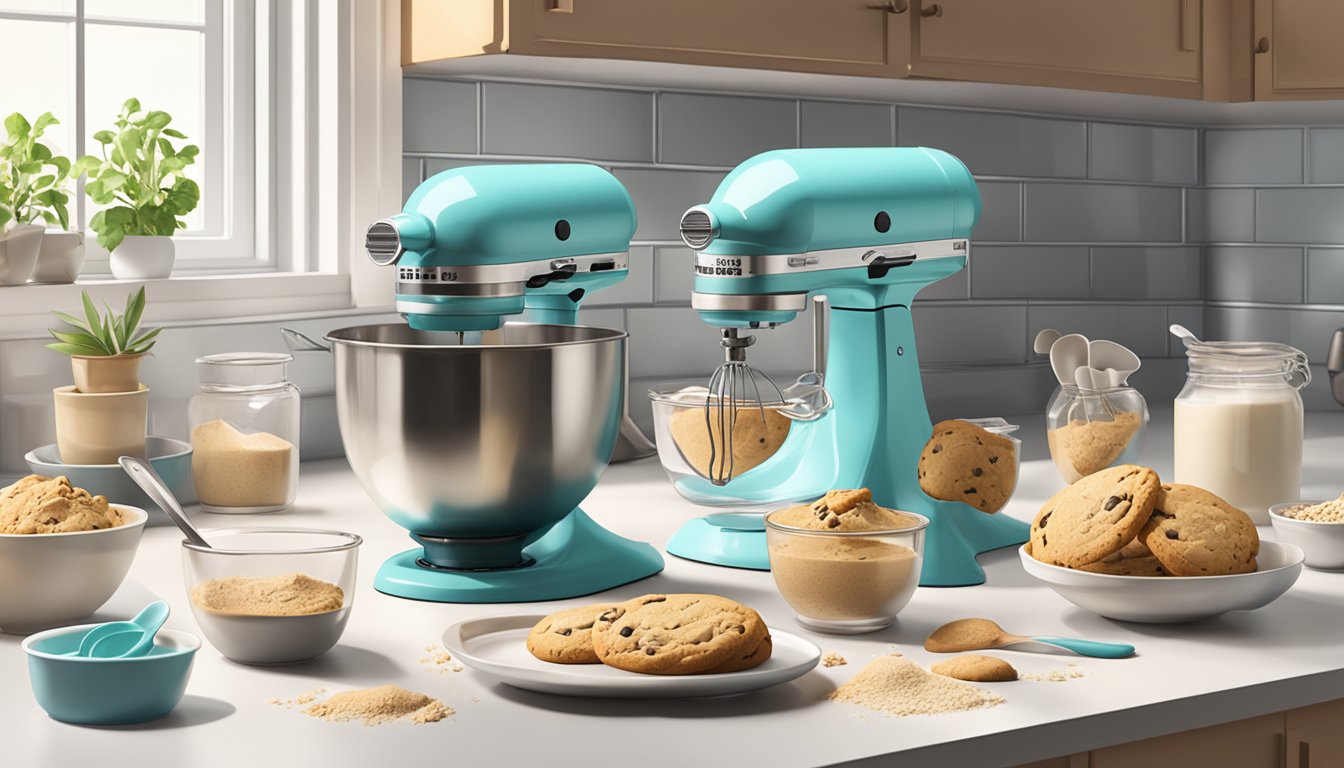 A kitchen counter with open packages of cookie dough and cake mix, surrounded by scattered measuring cups and spoons. A mixing bowl and electric mixer sit nearby