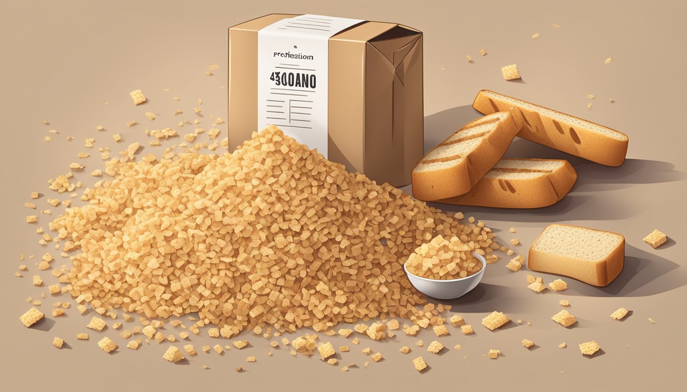 A pile of packaged bread crumbs and croutons scattered on a table, with a price tag and a small scale next to them