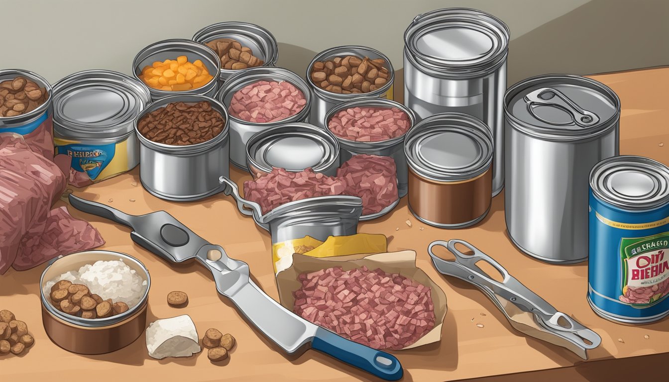 A cluttered kitchen counter with open cans of corned beef hash and deviled ham, surrounded by discarded wrappers and a grimy can opener