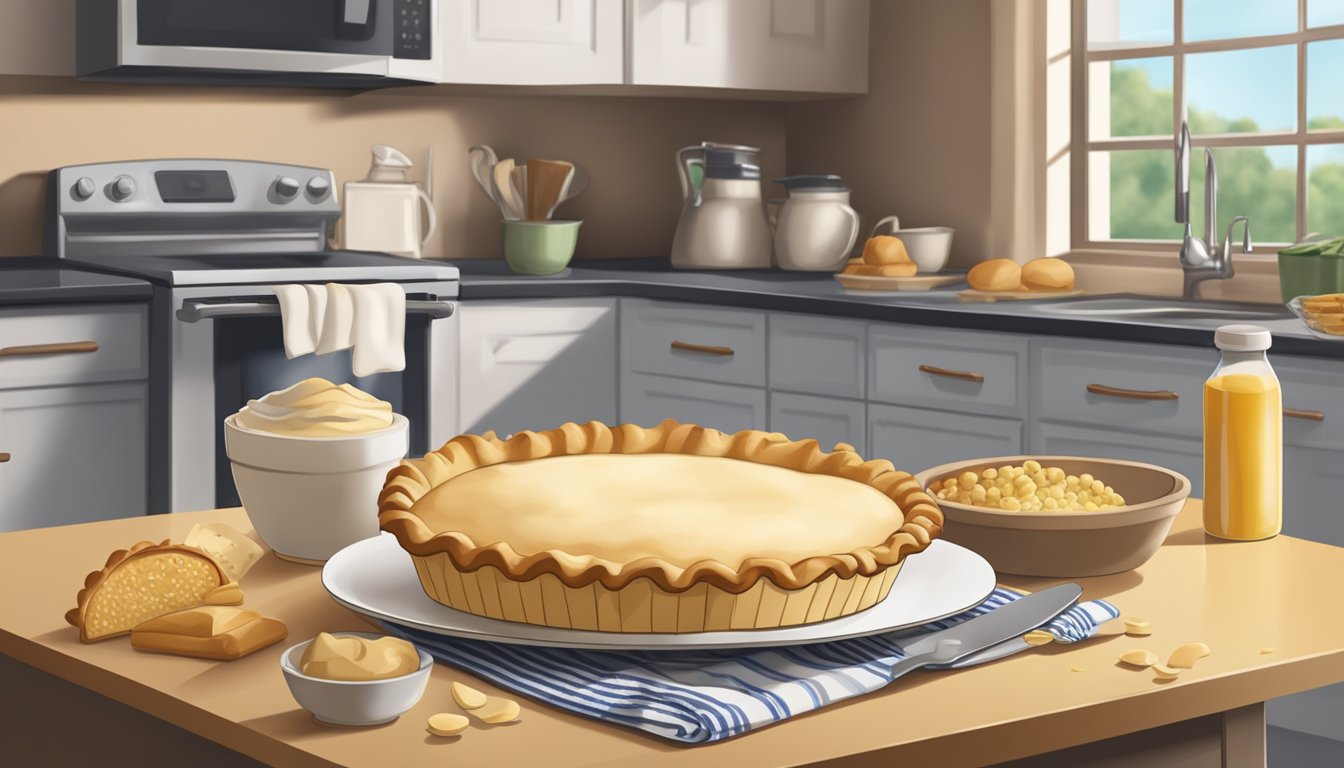 A package of crescent rolls and a refrigerated pie crust on a kitchen counter, with various baking utensils and ingredients scattered around