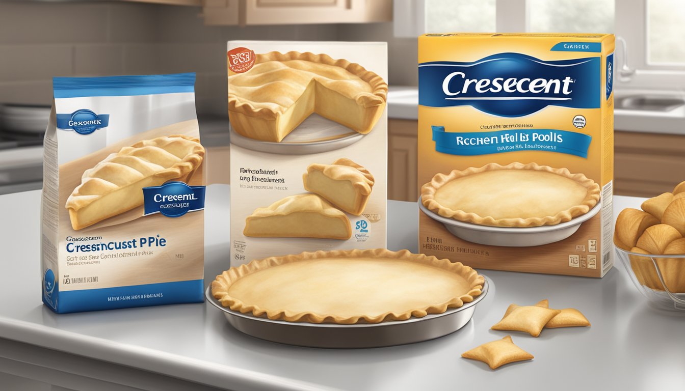 A package of refrigerated pie crust and a package of crescent rolls on a clean kitchen counter