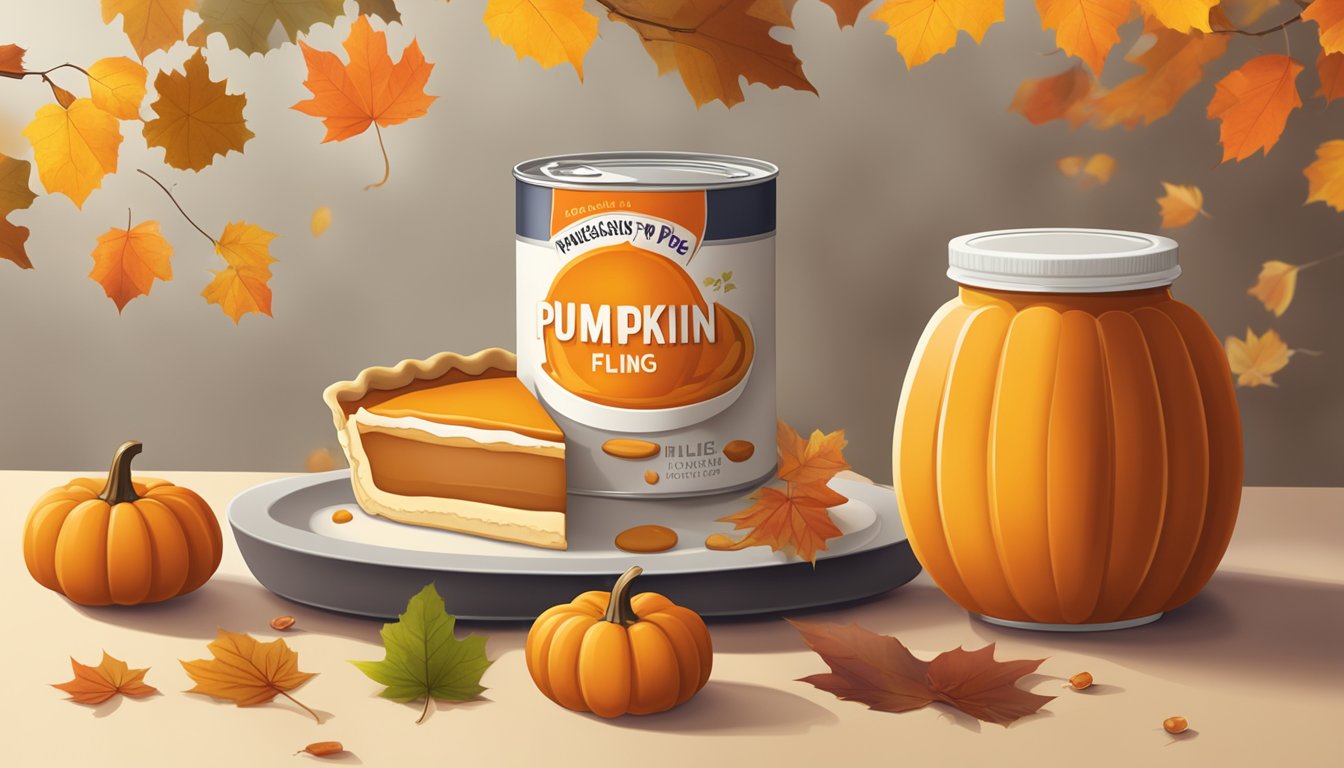 A table with a can of pumpkin pie filling and a box of instant pudding mix, surrounded by autumn leaves and a pumpkin