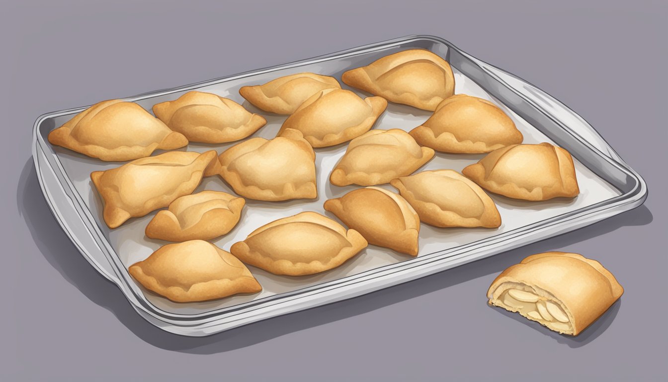 A baking sheet with a torn open package of crescent rolls next to a rolled-out refrigerated pie crust