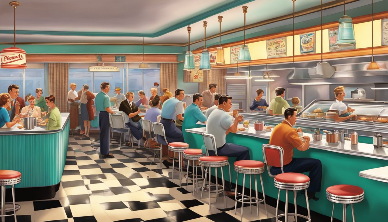 A bustling 1950s diner with vintage decor and patrons enjoying classic comfort foods