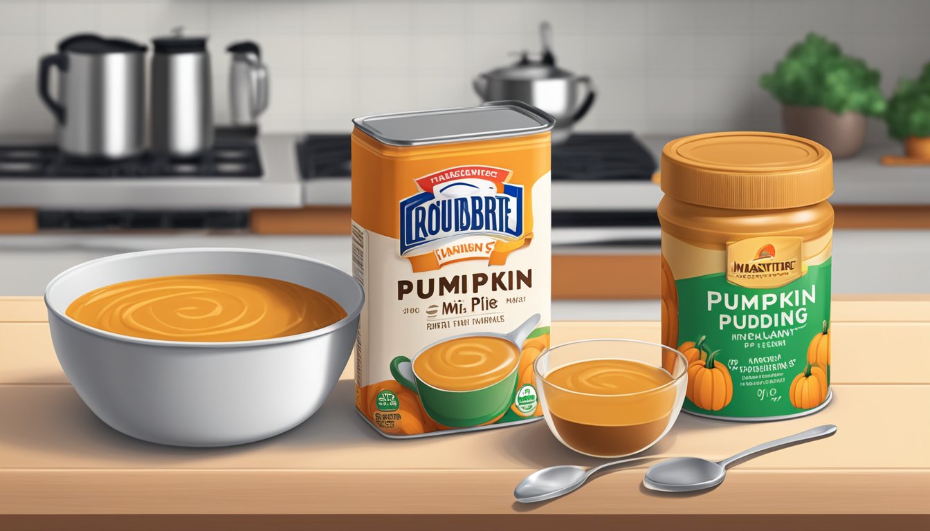 A can of pumpkin pie filling and a box of instant pudding mix sit side by side on a kitchen counter, with a measuring cup and spoon nearby