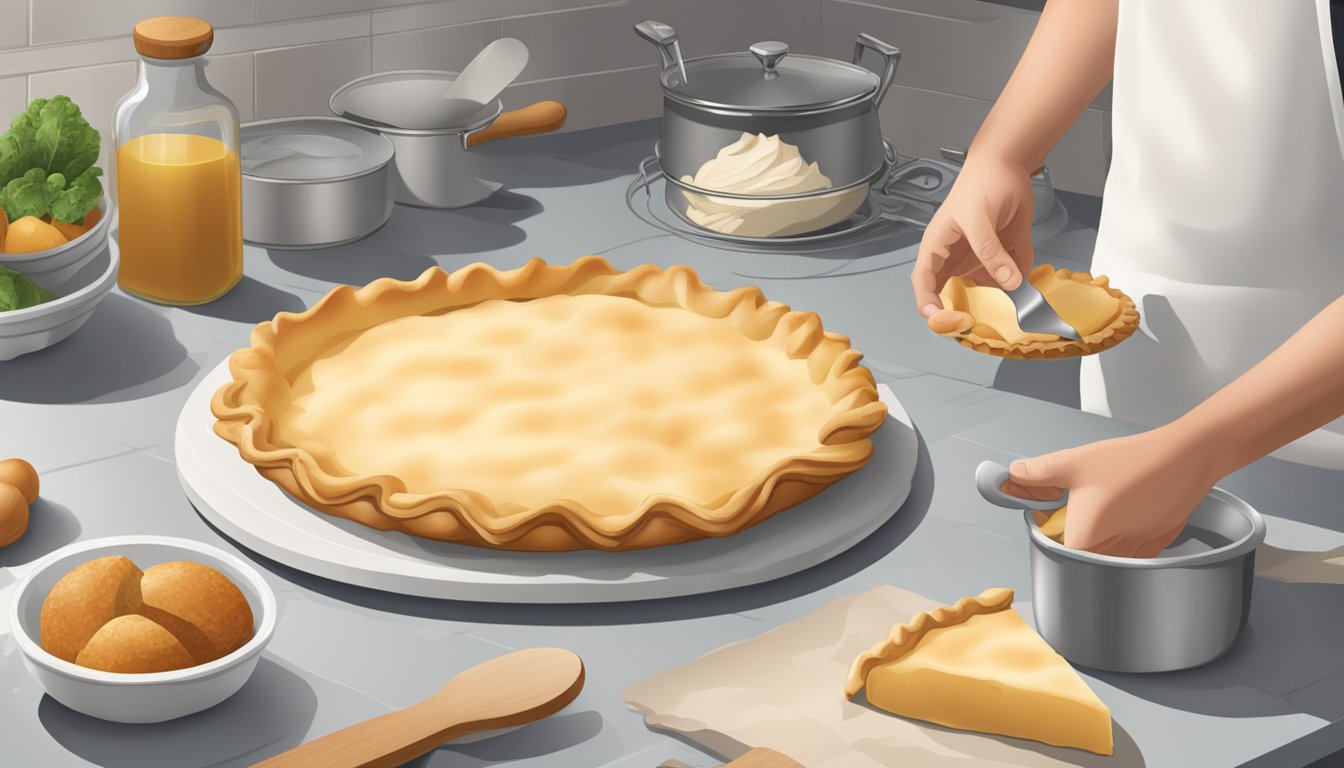 A hand reaching for a packaged crescent roll and refrigerated pie crust on a kitchen counter, with various cooking utensils and ingredients scattered around