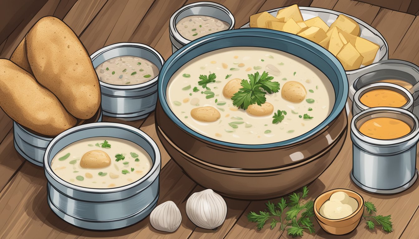 A steaming bowl of canned clam chowder sits next to a bowl of instant potato soup, surrounded by the ingredients used to make each dish