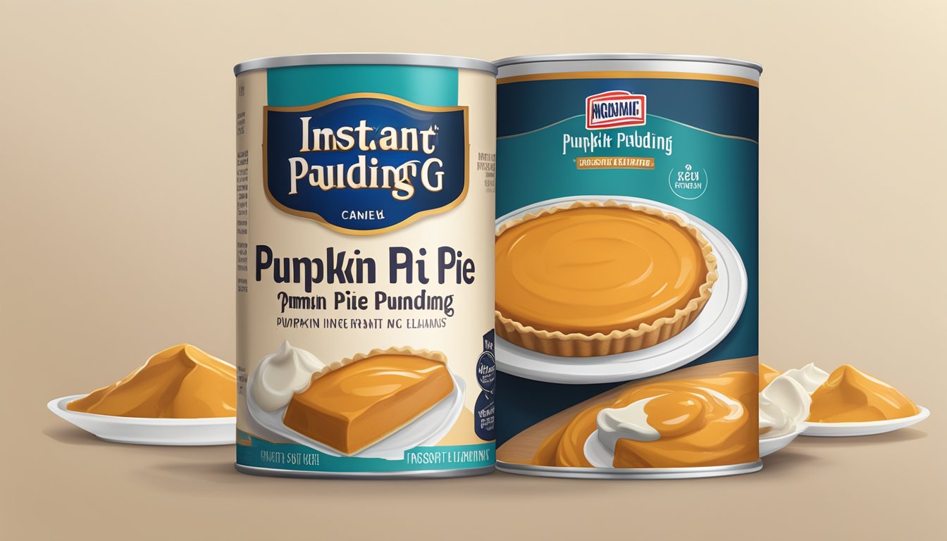 A can of pumpkin pie filling and a box of instant pudding mix side by side on a table