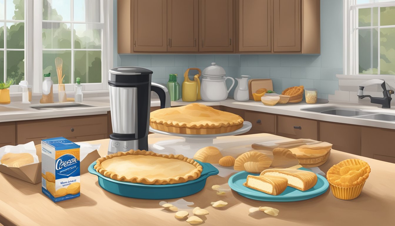 A kitchen counter with a tube of packaged crescent rolls next to a box of refrigerated pie crust, with various baking utensils and ingredients scattered around