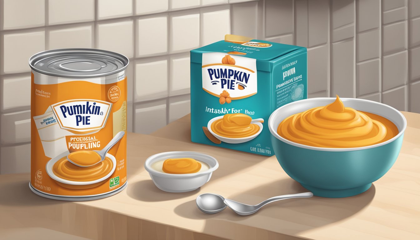 A can of pumpkin pie filling and a box of instant pudding mix on a kitchen counter