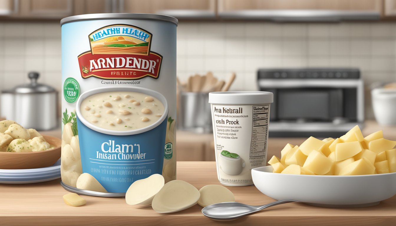 A can of clam chowder and a packet of instant potato soup sit side by side on a kitchen counter, surrounded by nutritional labels and health-related articles