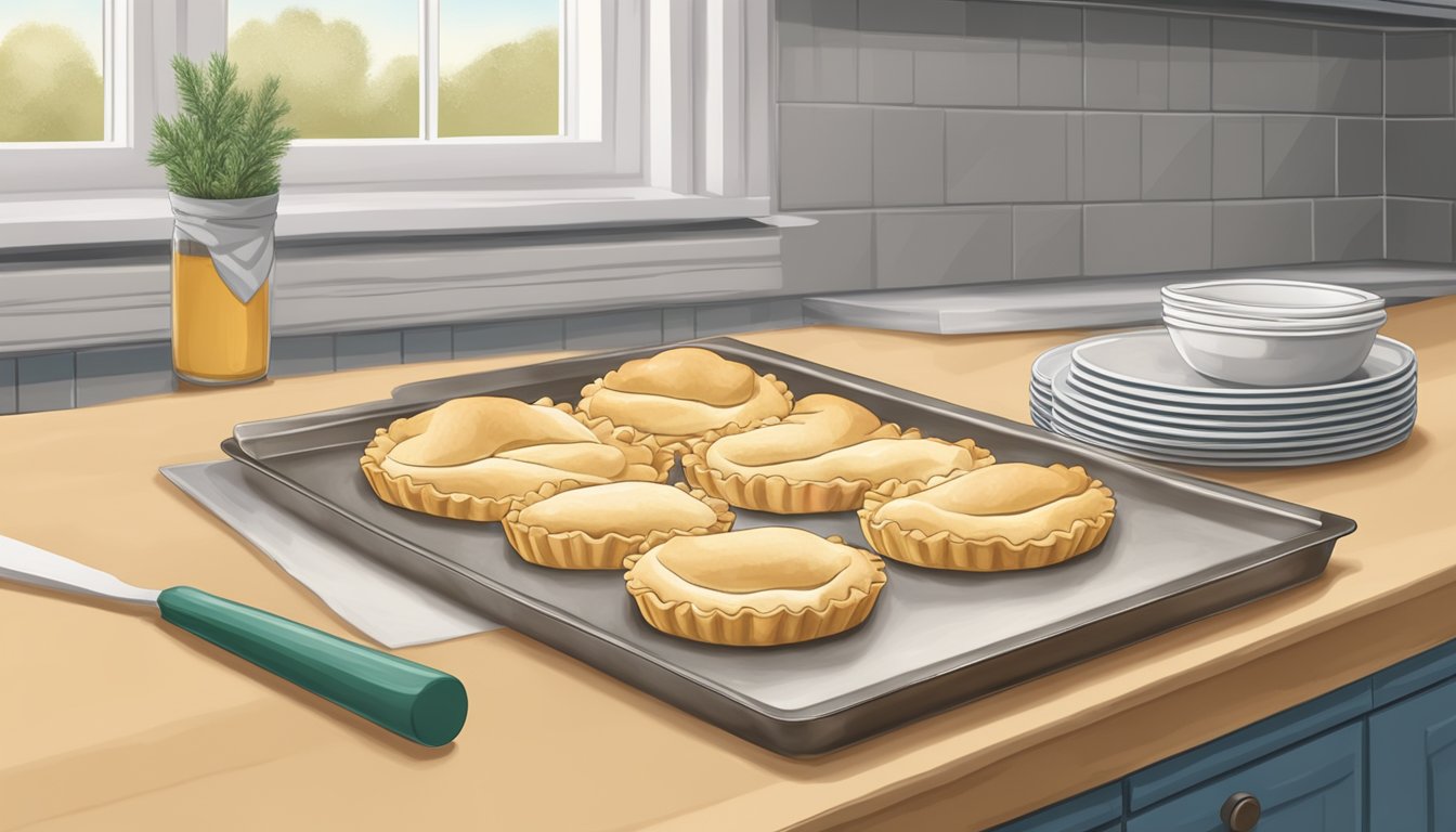 A kitchen counter with a package of crescent rolls next to a refrigerated pie crust, with a rolling pin and baking sheet nearby