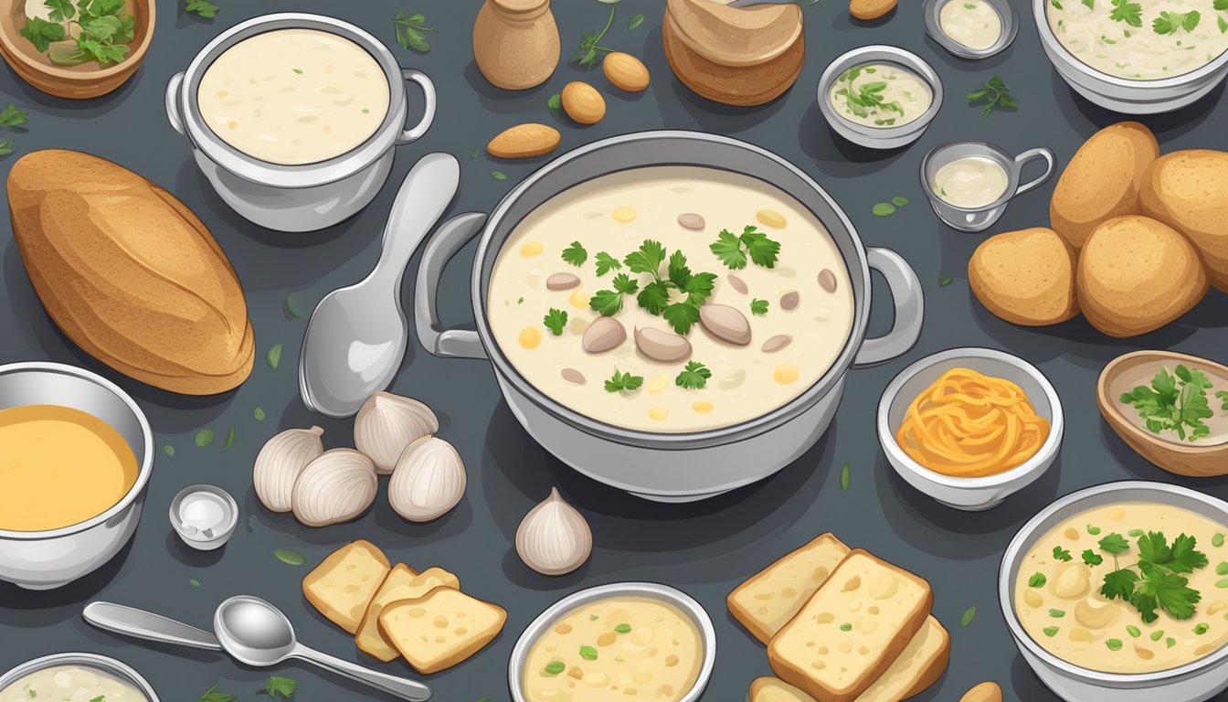 A table with open cans of clam chowder and instant potato soup, surrounded by various ingredients and utensils for cooking