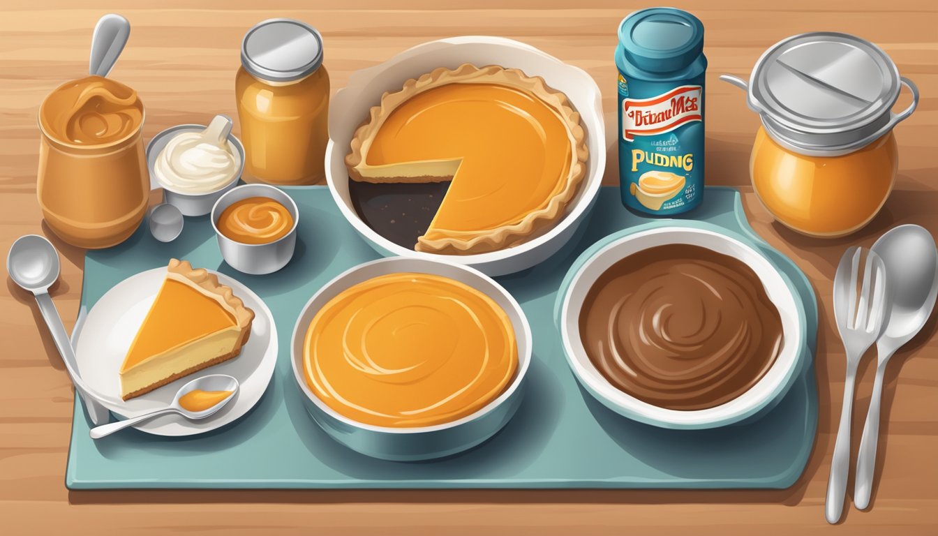 A table with a can of pumpkin pie filling and a box of instant pudding mix, surrounded by various kitchen utensils and ingredients