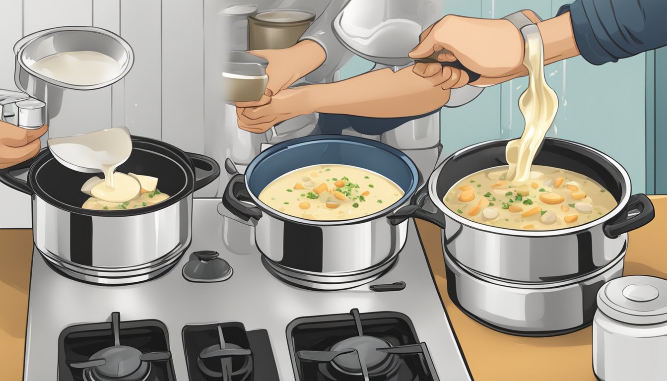 A person pouring canned clam chowder and instant potato soup into separate pots on a stovetop