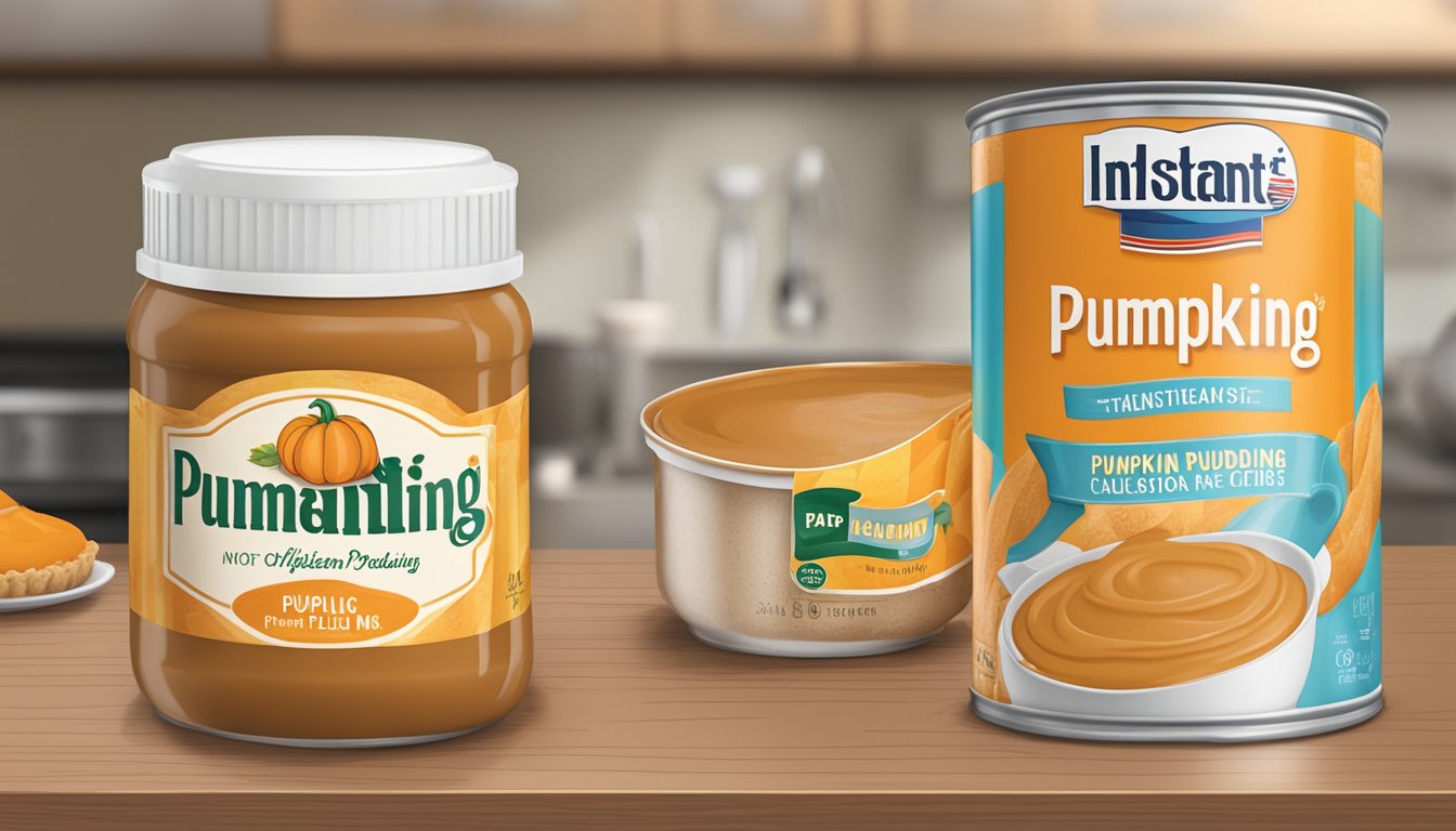 A kitchen counter with a can of pumpkin pie filling next to a box of instant pudding mix