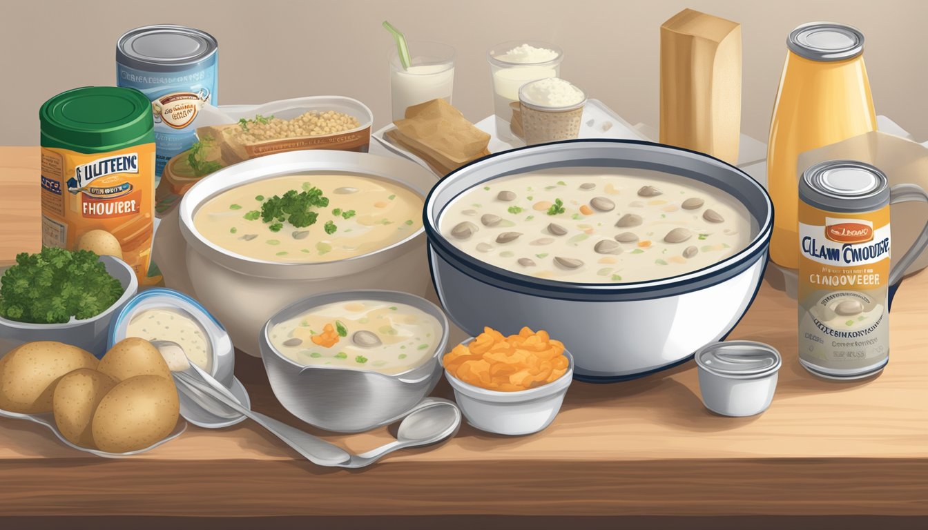 A table with a can of clam chowder and a packet of instant potato soup, surrounded by various dietary considerations and adaptations such as gluten-free and low-sodium options