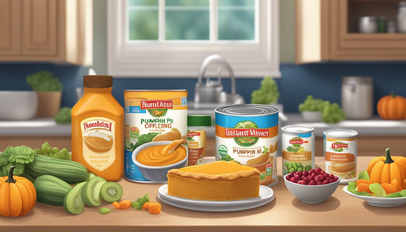 A kitchen counter with two cans of pumpkin pie filling and a box of instant pudding mix, surrounded by various fruits and vegetables