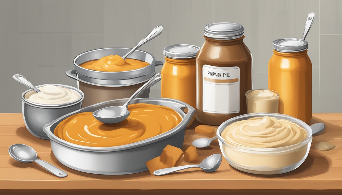 A kitchen counter with open cans of pumpkin pie filling and instant pudding mix, surrounded by scattered measuring spoons and mixing bowls