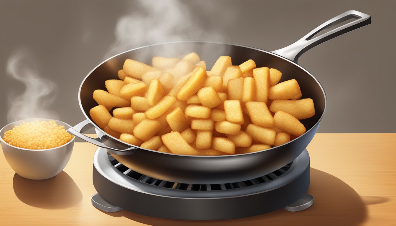 A plate of frozen french fries and tater tots sizzling in a hot skillet, emitting steam and golden brown color