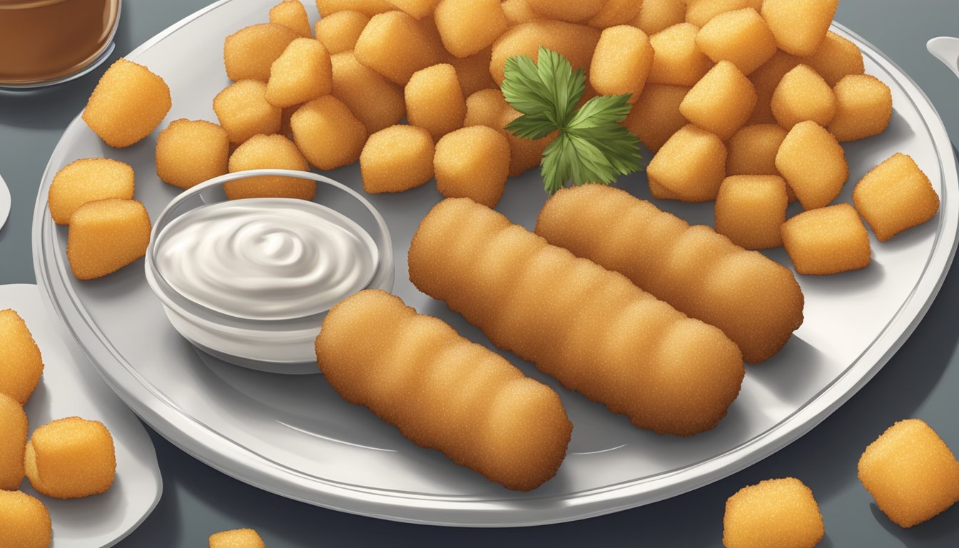 A plate with frozen French fries and tater tots, with a nutrition label in the background