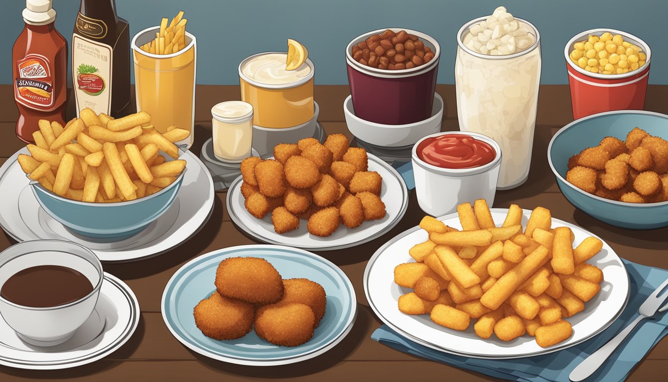 A table set with a variety of dishes, including a plate of frozen french fries and tater tots, with condiments and drink options nearby