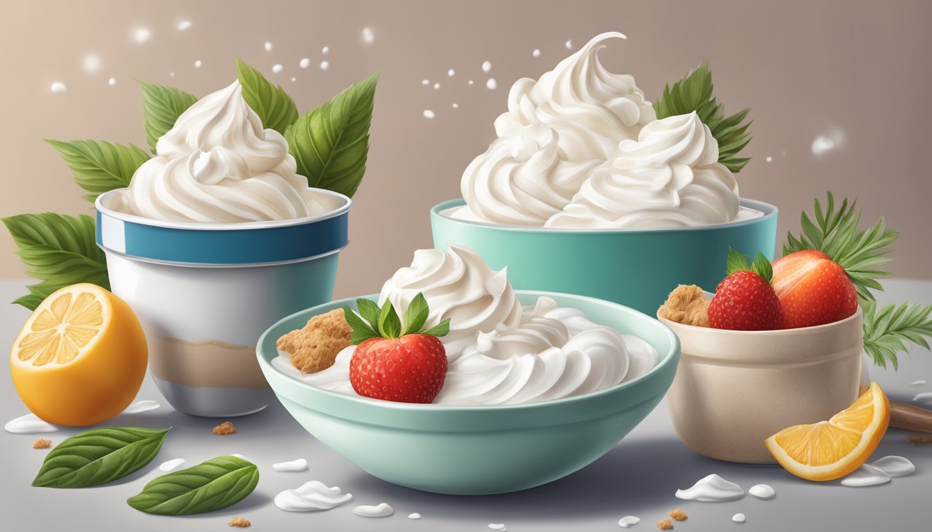 A table with two bowls of whipped cream, one from a can and the other non-dairy, surrounded by various DIY ingredients like cream and coconut milk