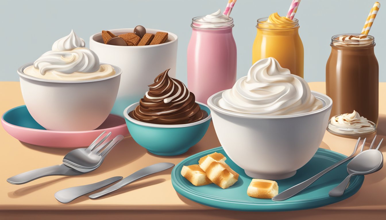 A table with two bowls, one with canned whipped cream and the other with non-dairy whipped topping, surrounded by various dessert ingredients and utensils