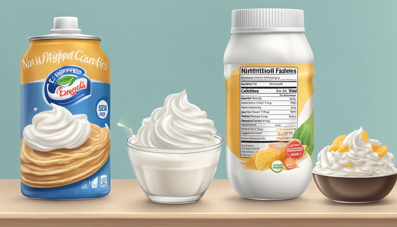 A comparison of a can of whipped cream and a container of non-dairy whipped topping on a table, surrounded by various food items and nutritional information labels