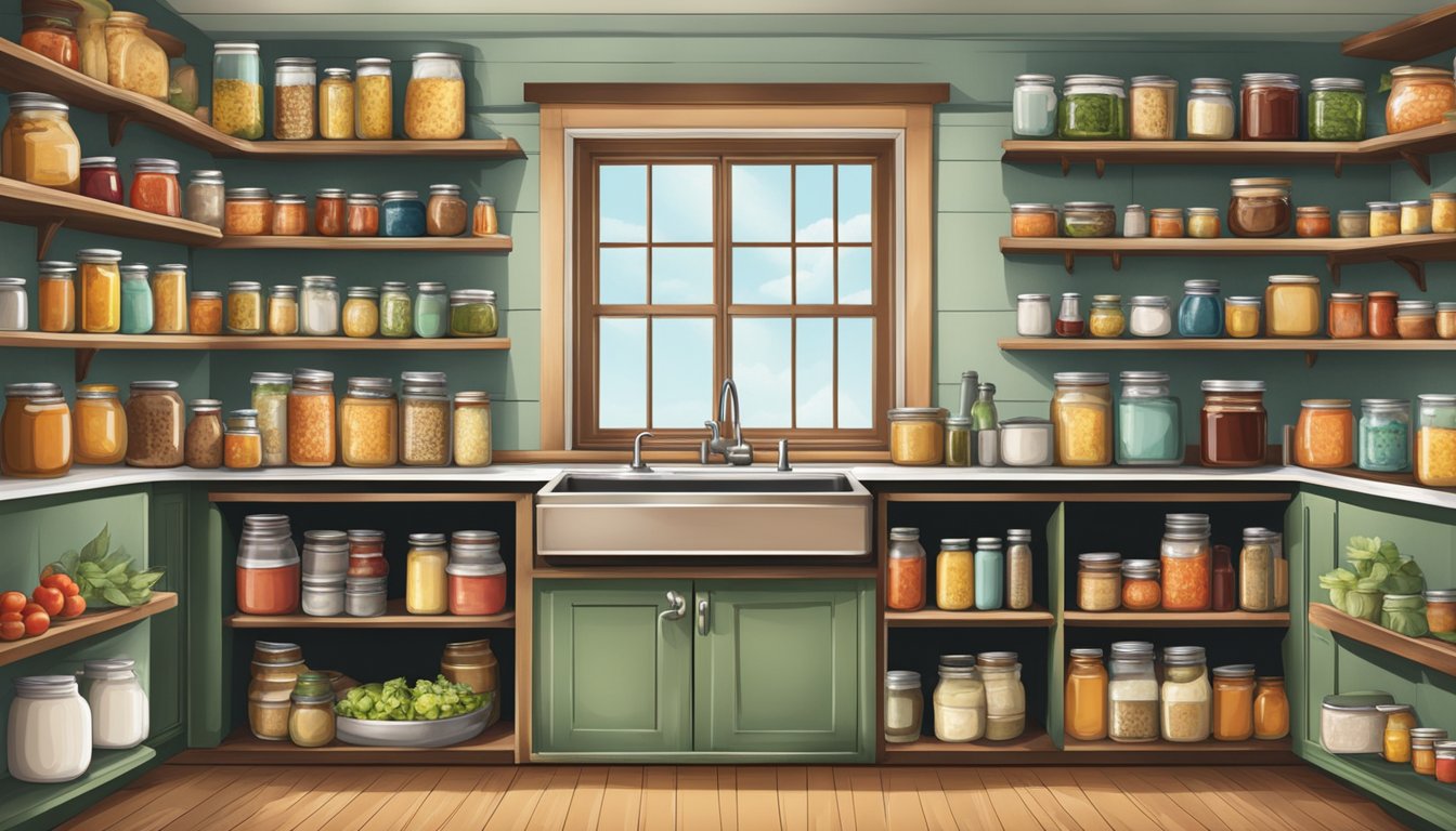 A vintage kitchen with shelves of canned goods and jars of sauces, evoking a sense of nostalgia and traditional home cooking