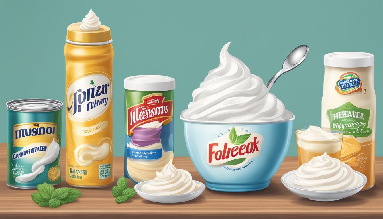 A comparison of canned whipped cream and non-dairy whipped topping in a side-by-side display with a magnifying glass examining the ingredients