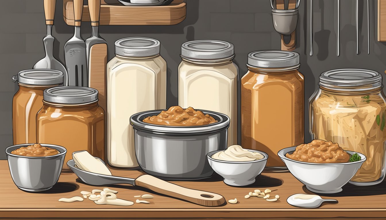 A kitchen counter with open cans of sloppy joe sauce and jars of Alfredo sauce, surrounded by scattered ingredients and utensils