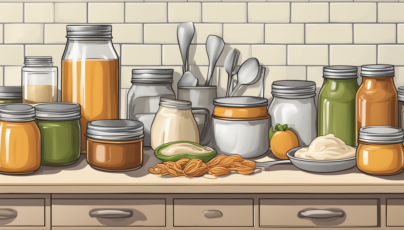 A kitchen counter with open cans of sloppy joe sauce and jars of Alfredo sauce, surrounded by various cooking utensils and ingredients