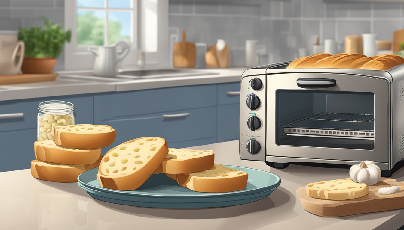 A frozen garlic bread and canned biscuits on a kitchen counter, with a toaster oven in the background